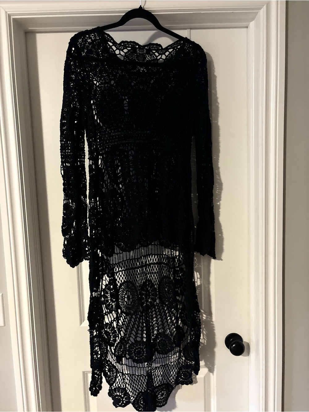 Black Crochet Long Sleeve high low top